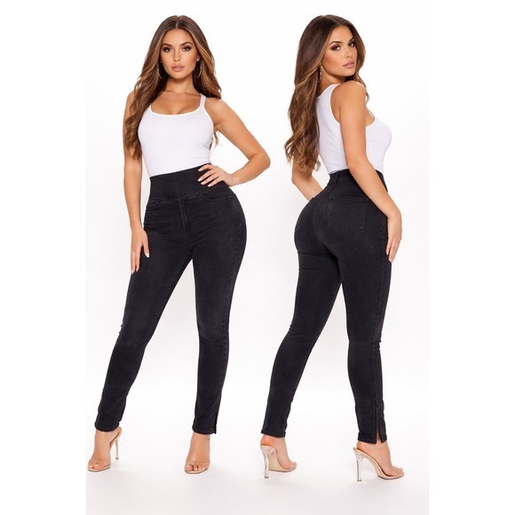 Boohoo Denim - Boohoo High Rise Pull on Jeans Stretch Side Panel Black Washed‎ Size 8